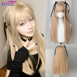 XIYUE Blonde Golden Long Straight Synthetic Wigs with Bangs Beige Lolita Hairs Wig for Women Daily Party Heat Resistant Fiber