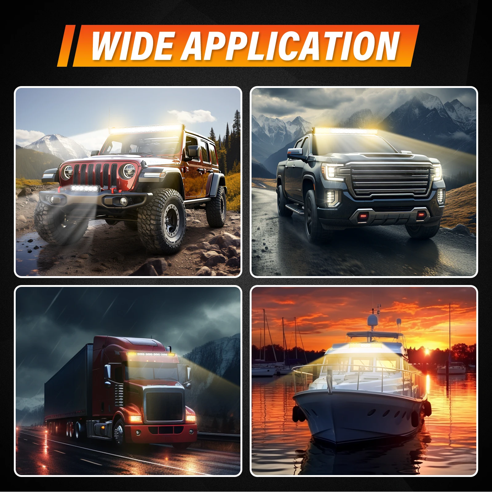 6-54-calowy pasek LED 30-300W 4x4 z zestawem wiązki przewodów 12v, listwa świetlna LED do pojazdów terenowych, ciężarówek ATV, bursztynowo-białe światło przeciwmgielne