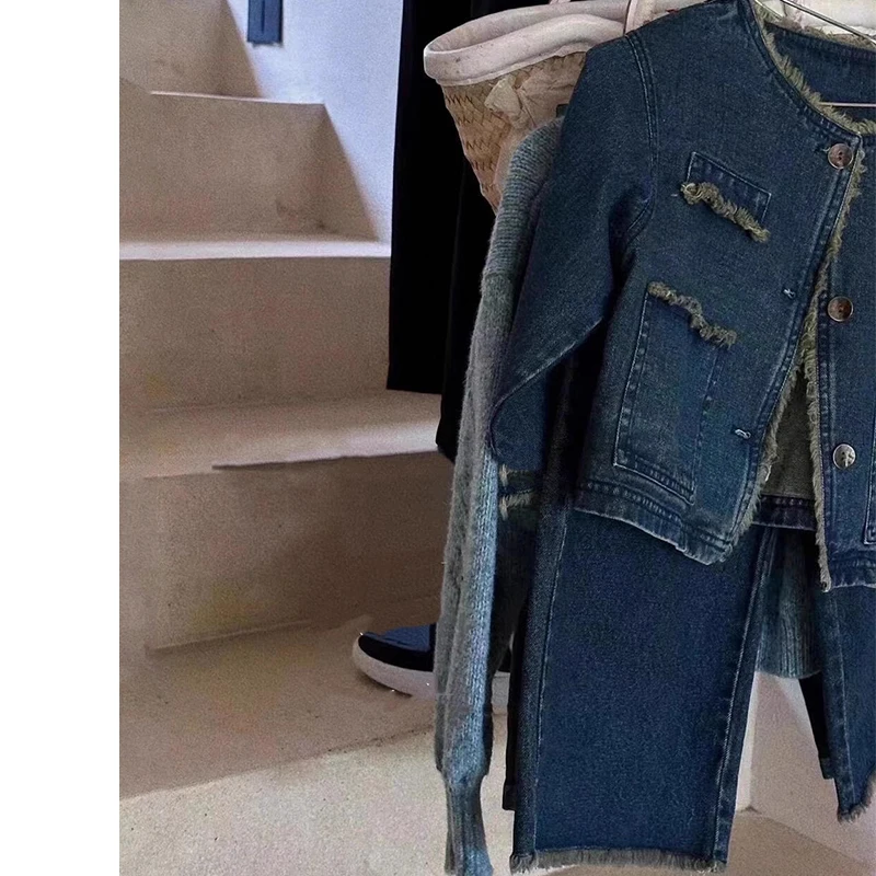 Girls\' Denim Set Washed Tassel Vintage Coat+ Loose Pants 2023 Spring And Autumn New Fashion Kids Outfit Casual Clothing Set