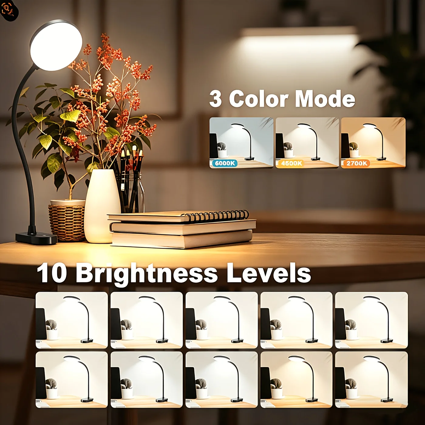 Rechargeable Clip on Reading Lamp with 10 Brightness Levels 360°Portable and Flexible for Office Desk Bunk Bed Dorm Headboard