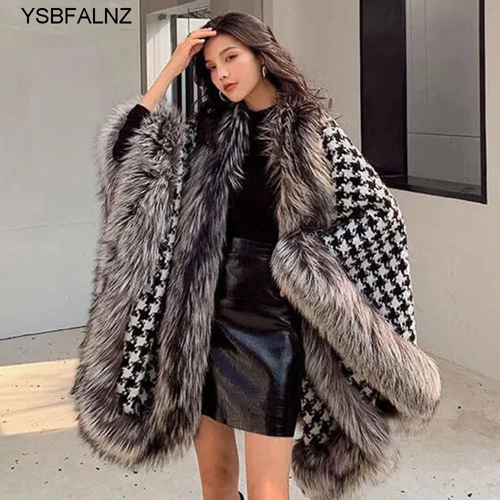 2023 Women\'s Fur Coat Poncho Wool Warm Fashion Houndstooth Knitted Cloak With Fur Trim Luxury Faux Silver Fox Fur Poncho Cape