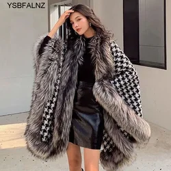 2023 Women's Fur Coat Poncho Wool Warm Fashion Houndstooth Knitted Cloak With Fur Trim Luxury Faux Silver Fox Fur Poncho Cape