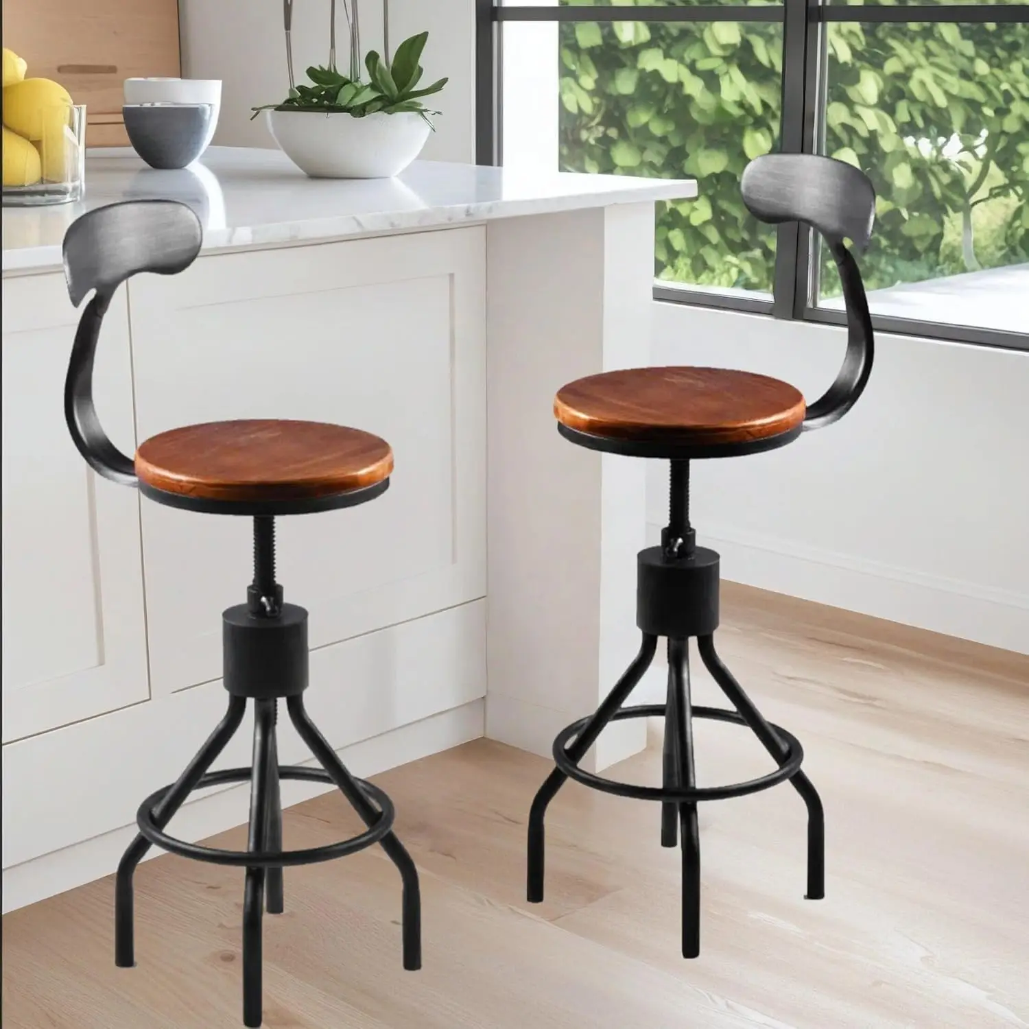 Industrial Vintage Bar Stool, Kitchen Counter Height Adjustable Pipe Chair, Cast Iron Stool, Swivel Bar Stool with Backrest,
