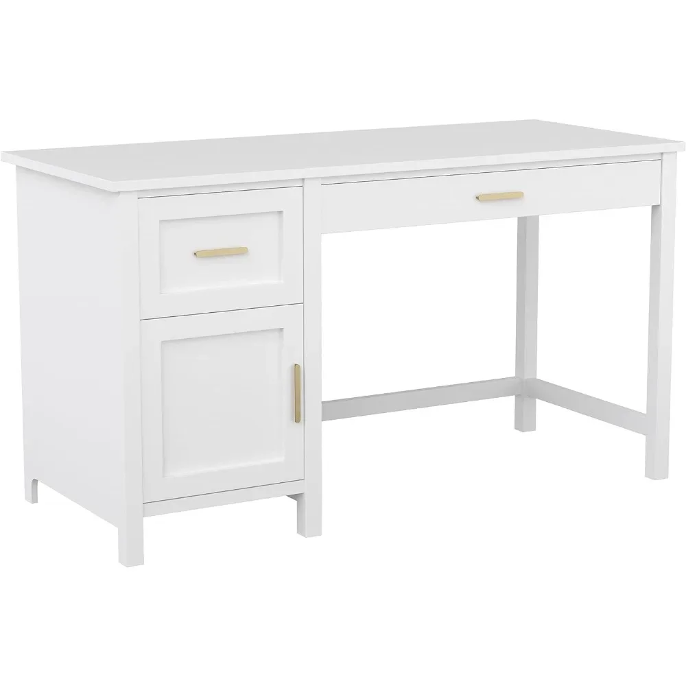 Hutton Shaker Style Home Office Desk with Storage in White with Polished Brass Hardware