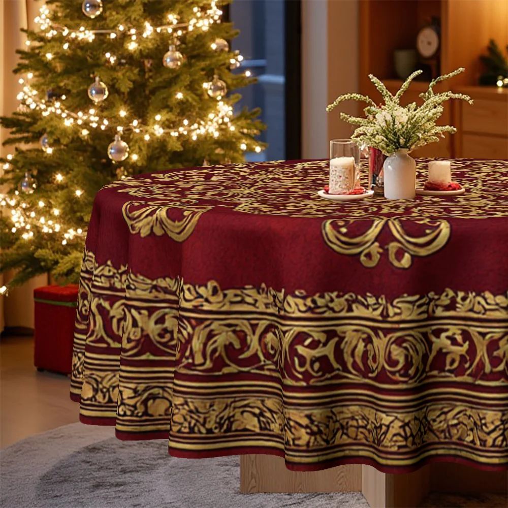 Tablecloth, Christmas, Easter, elegant round tablecloth with floral-inspired patterns decorated in Burgundy red and gold