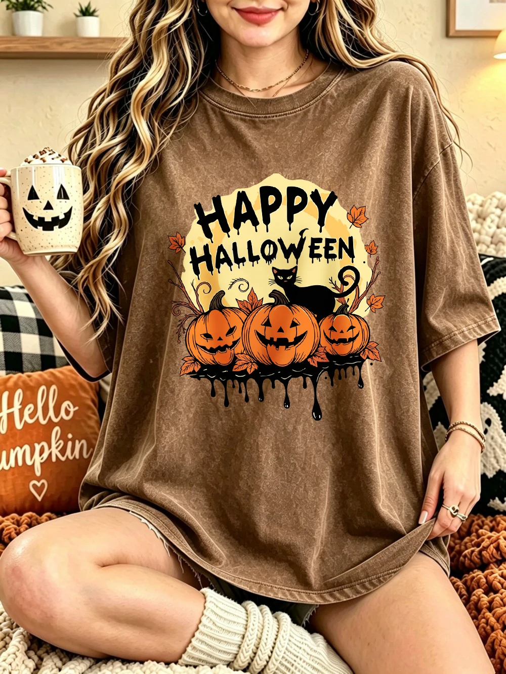Happy Halloween Kürbisse bedruckte, gewaschene T-Shirts, Damen-Baumwoll-Tops mit kurzen Ärmeln, lässige Oversize-T-Shirts mit Rundhalsausschnitt, Sommerkleidung – Detail 19