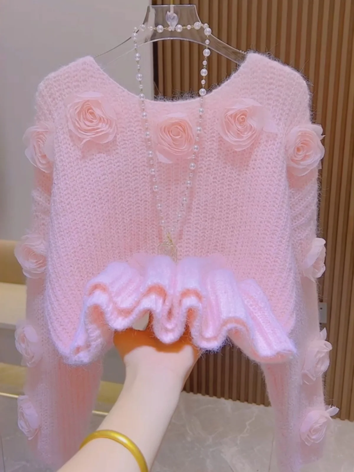 

Sweet 3D Flower Pink Women's Sweater Autumn Winter Loose Knitted Soft Comfortable Top Korean Sle Long Sve round Ne