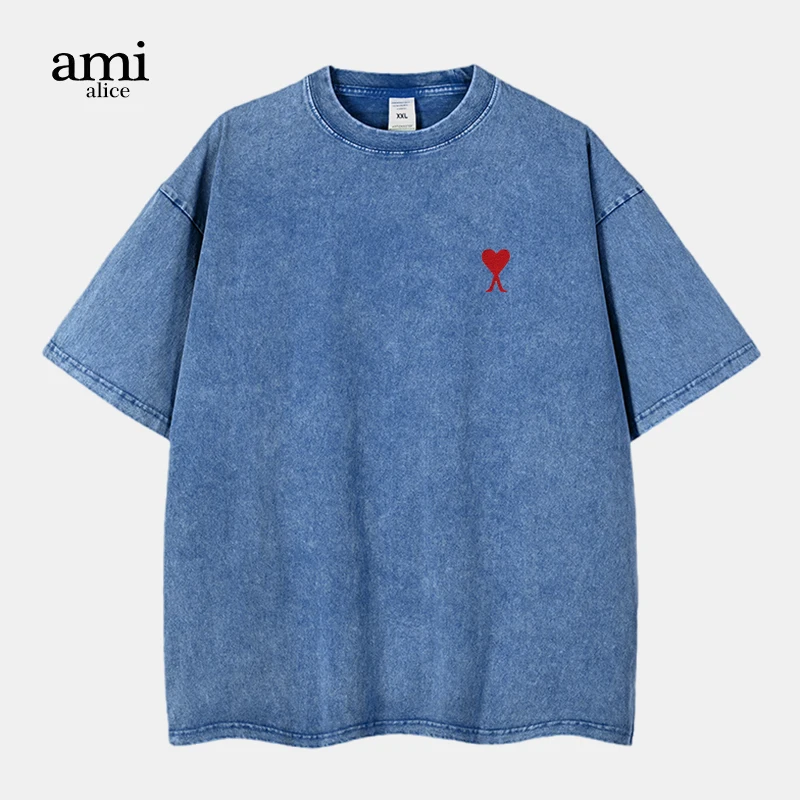 Ami Alice Washed Cotton Short-sleeved Men's and Women's Summer Round Neck Cotton Couple T-shirt Street Casual Top Tide