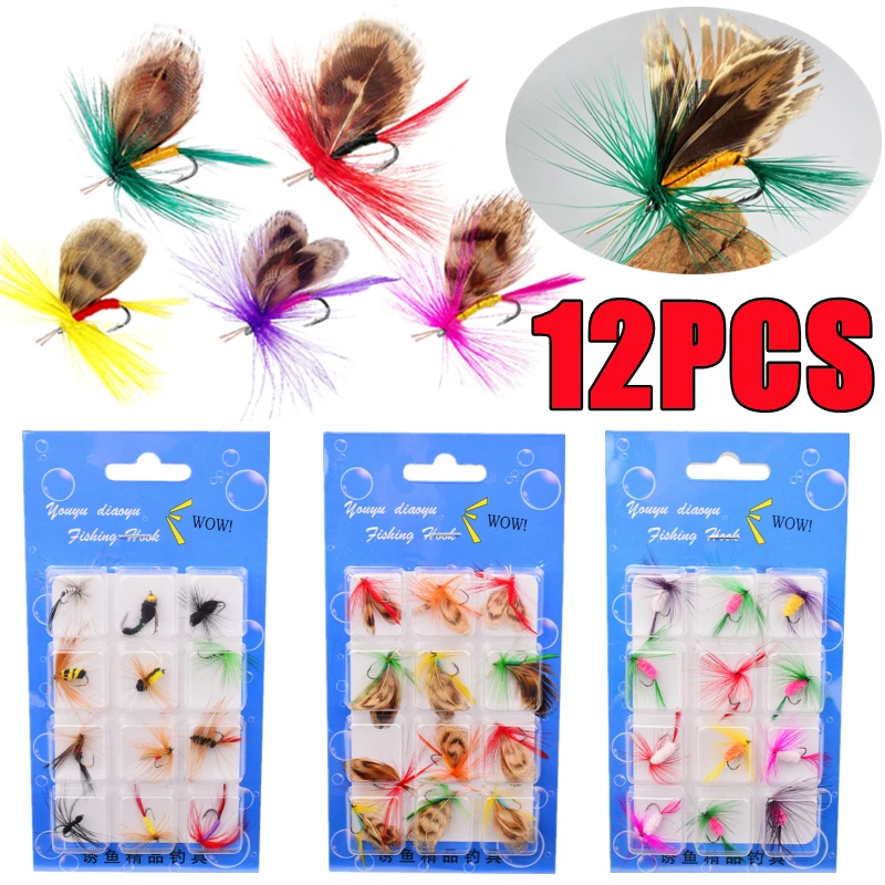

12PCS/Set Natural Insects Flies Fishing Lures Set With Dry Fly Tying Sharpened Hook Fake Artificial Bait For Carp Trout Topwater