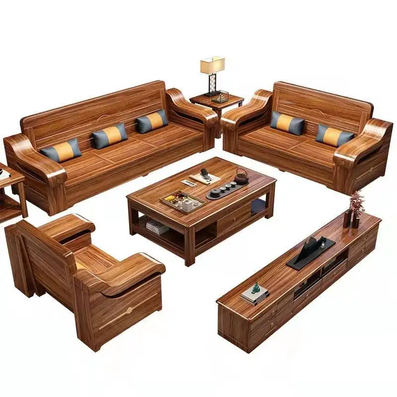 Ebony all-solid wood sofa combination living room household small apartment modern light luxury new Chinese wood