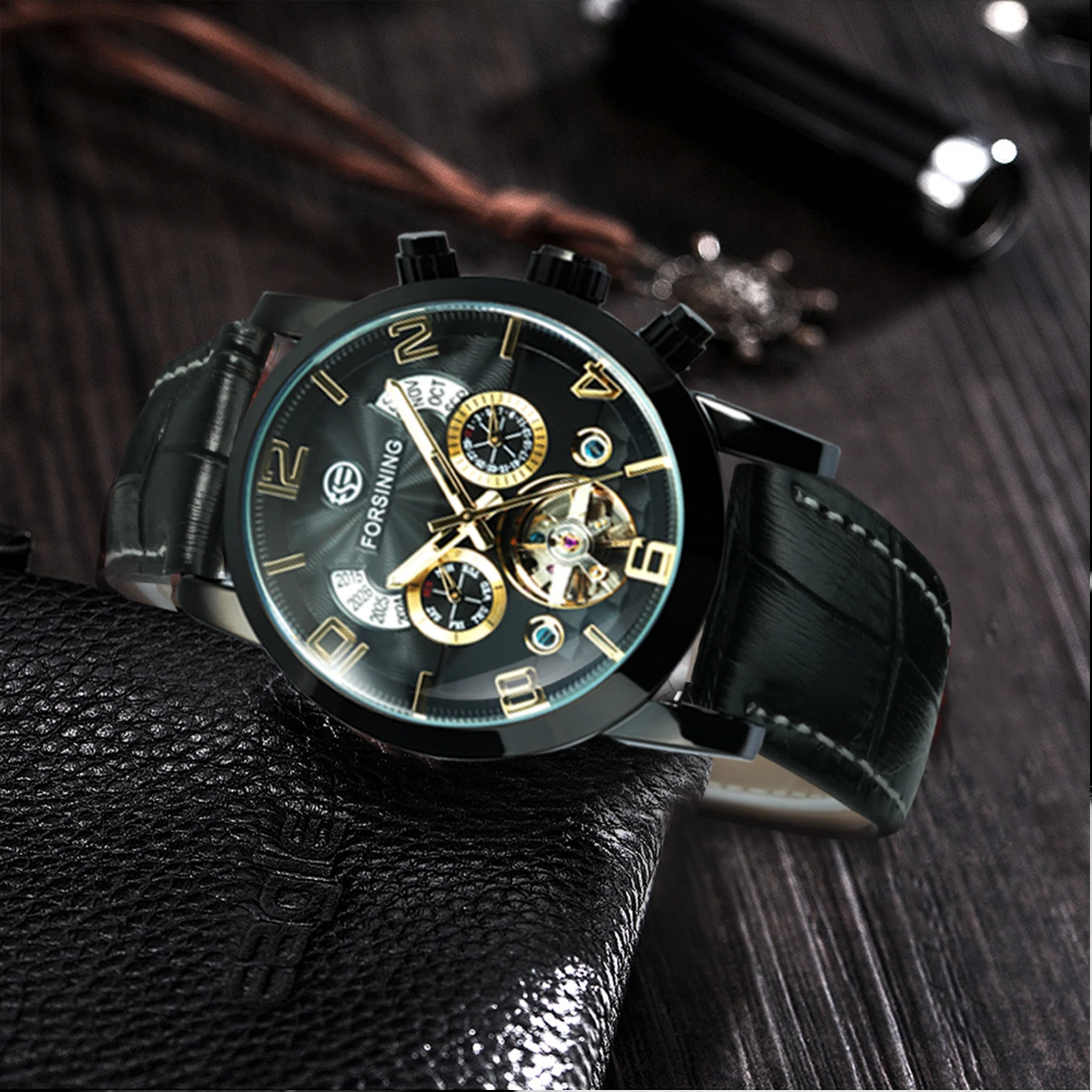 Forsining Retro Tourbillon Skeleton Automatic Mechanical Watch for Men Calendar Window Week Display Leather Belt Classic Watches