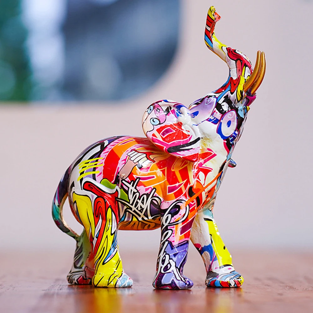 

Colorful Hydrographic Elephant Statue Handicraft European Style for Home Living Room Office Entryway A Graffiti Inspired Decor