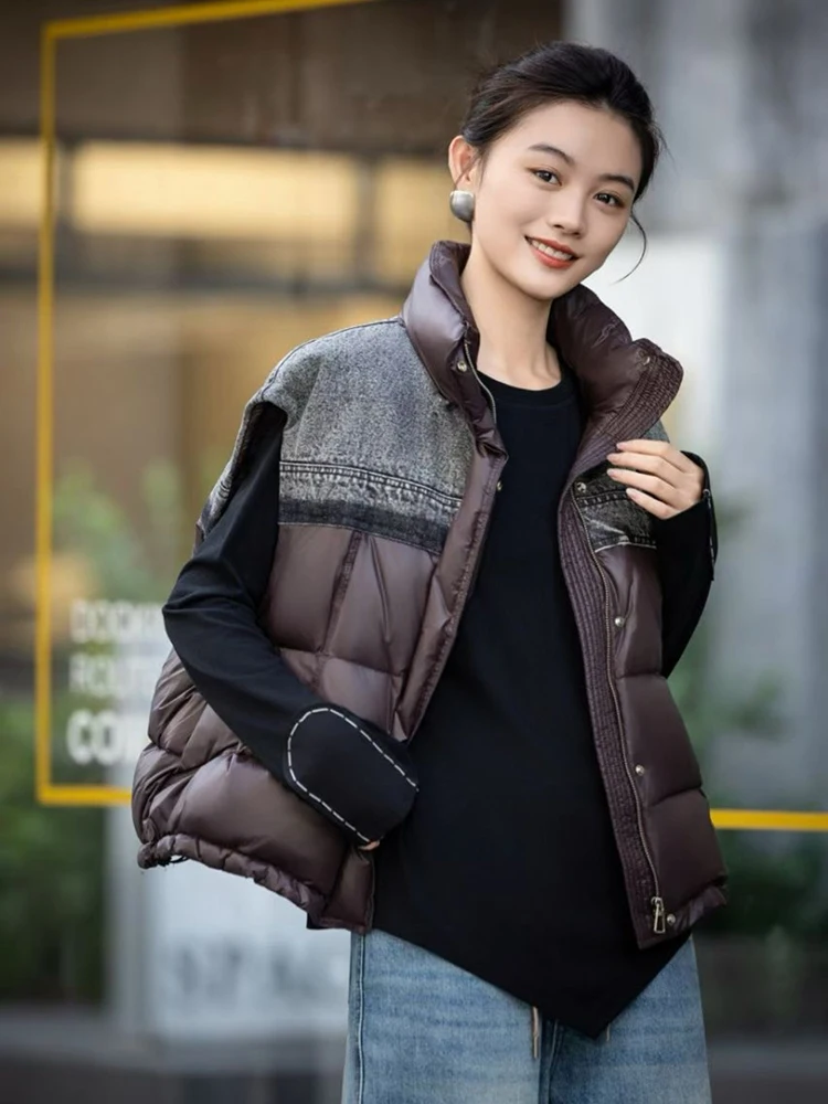 

Autumn Winter Denim Splicing Glossy Down Vest Female Zipper Warm Waistcoat Women White Duck Down Sleeveless Stand Collar Vests