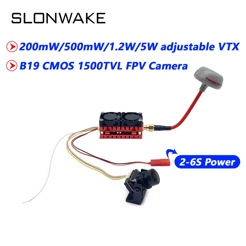 SLONWAKE Long Range 5W 5.8G 48CH FPV VTX Transmitter and B19 1500TVL Camera 2.1mm lens with 2.4 inch fpv mini monitor for Analog