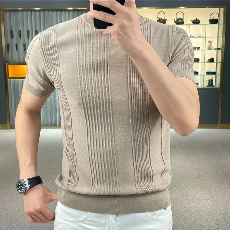 Summer Striped Short Sleeve O Neck Men Knitted T Shirts Solid Color Fashion Casual 2xl Oversized Clothing Top Business Daily Gym