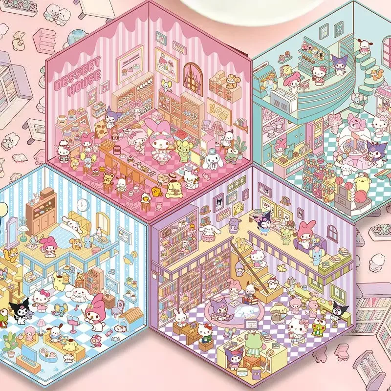 Sanrio Hello Kitty Kuromi Kuromi Kawaii 3D Stereoscopico FAI DA TE Scena In Miniatura Dessert Cottage Giocattoli Per Bambini Adesivi All'ingrosso