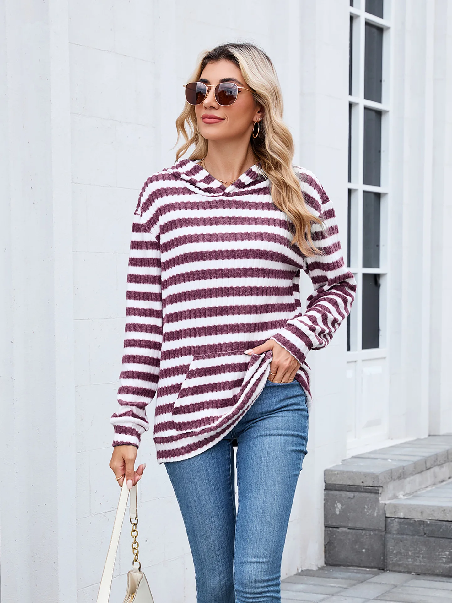 Abbigliamento Donna Hooded Striped Pullover Long Sleeve Pocket Office Commuting Versatile Pullover Sweatshirt Tops Woman's 2025