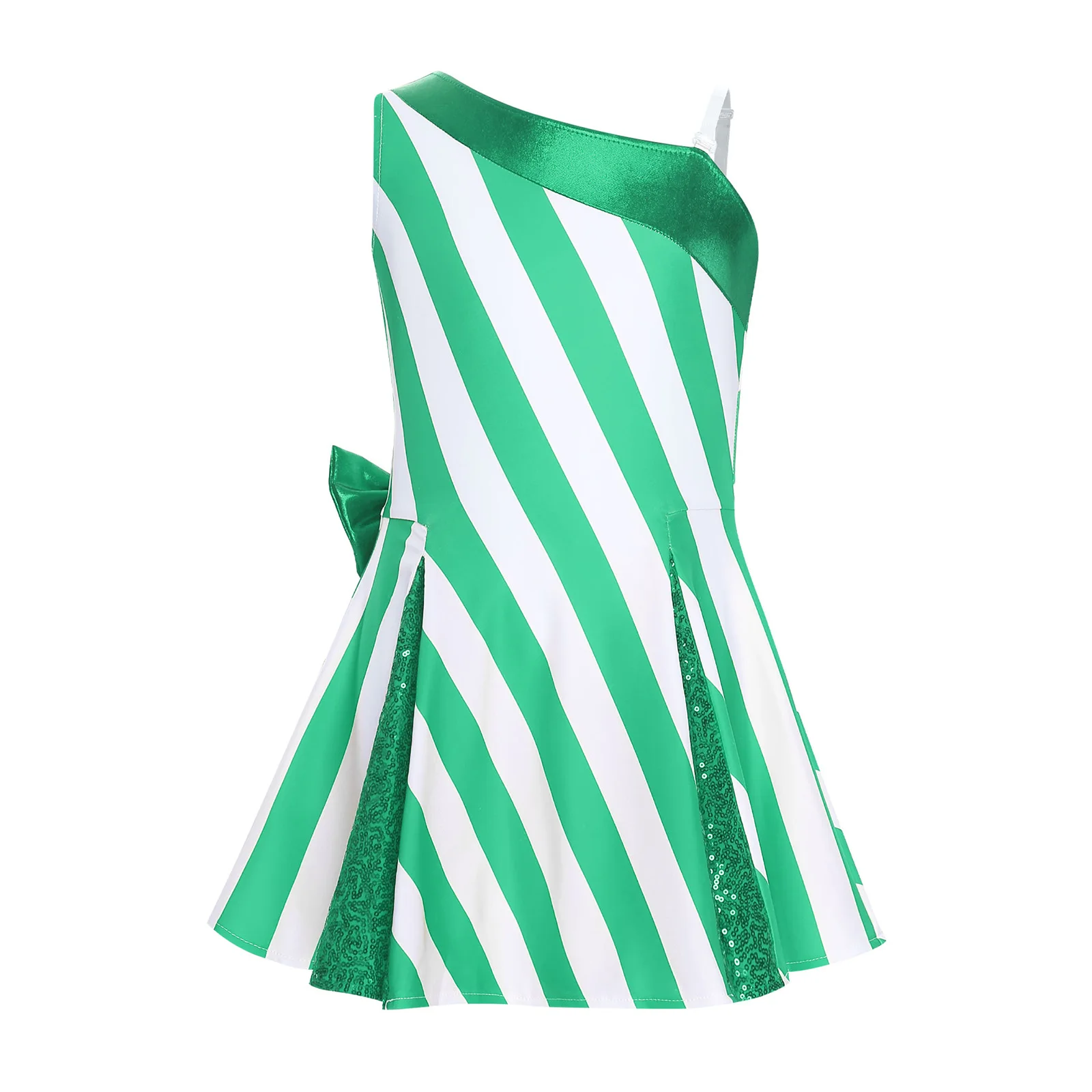 

Girls Christmas Dance Costume One Shoulder Bow Sequins Patchwork Contrast Color Striped Flared Xmas Dress for Candy Cane Cosplay
