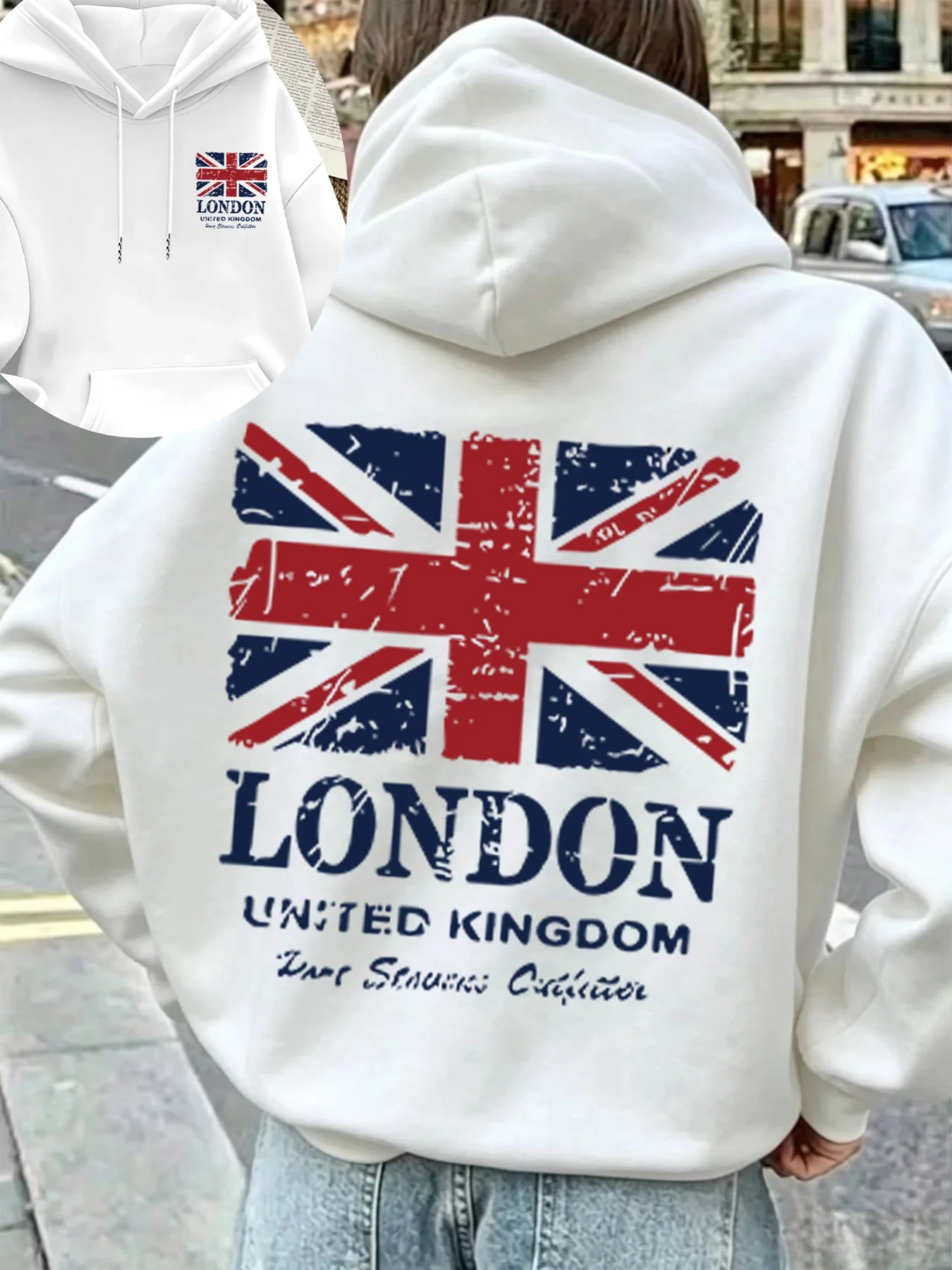 Unisex London UK Flaggen-Sport-Hoodie Union Jack Vintage-Druck Hellgrauer Oversized Pullover Streetwear Sweatshirt Frühling Herbst – Detail 5