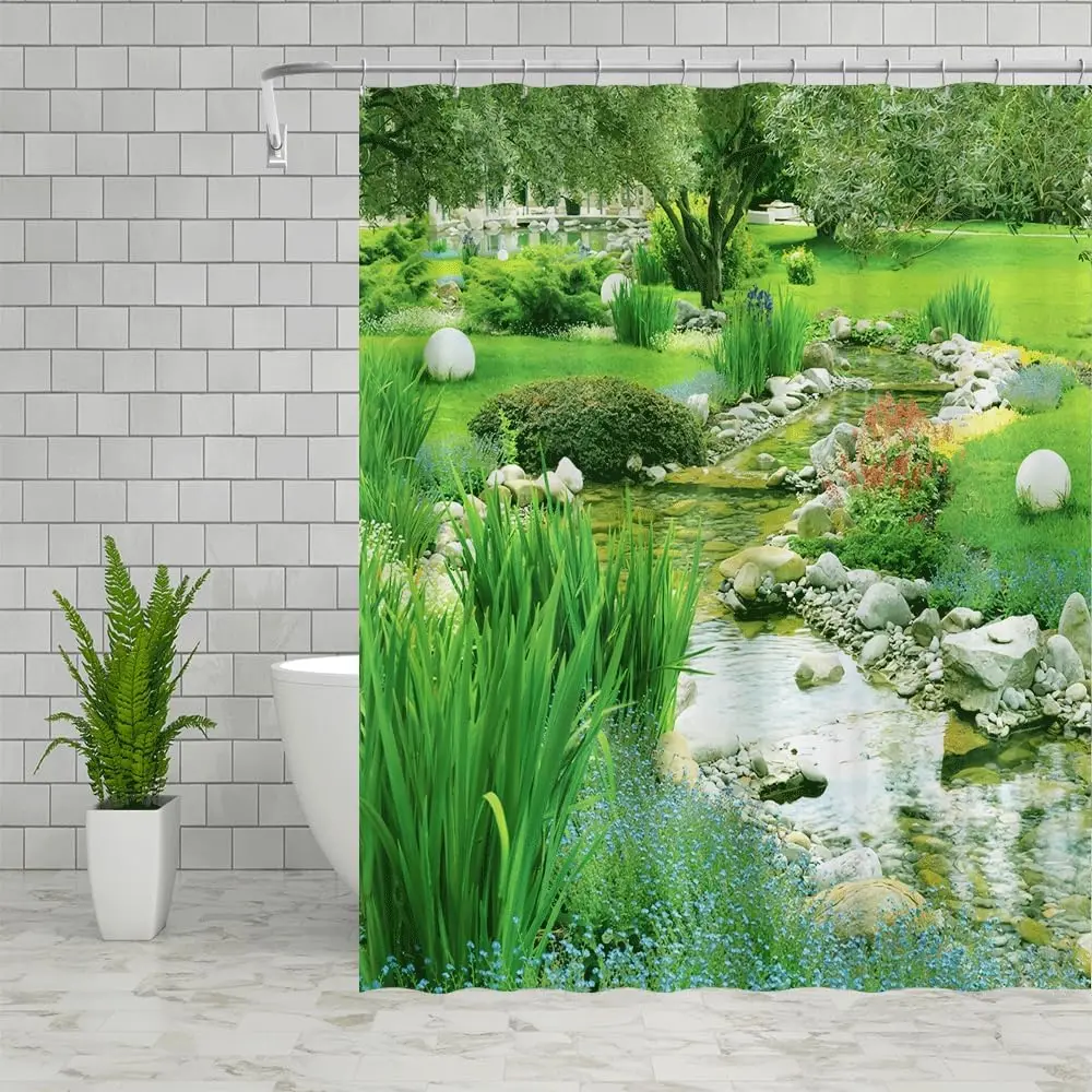 Spring Garden Landscape Shower Curtains Japanese Style Park Stone Flow Water Green Leaves Landscape Pattern Print Bathroom Decor