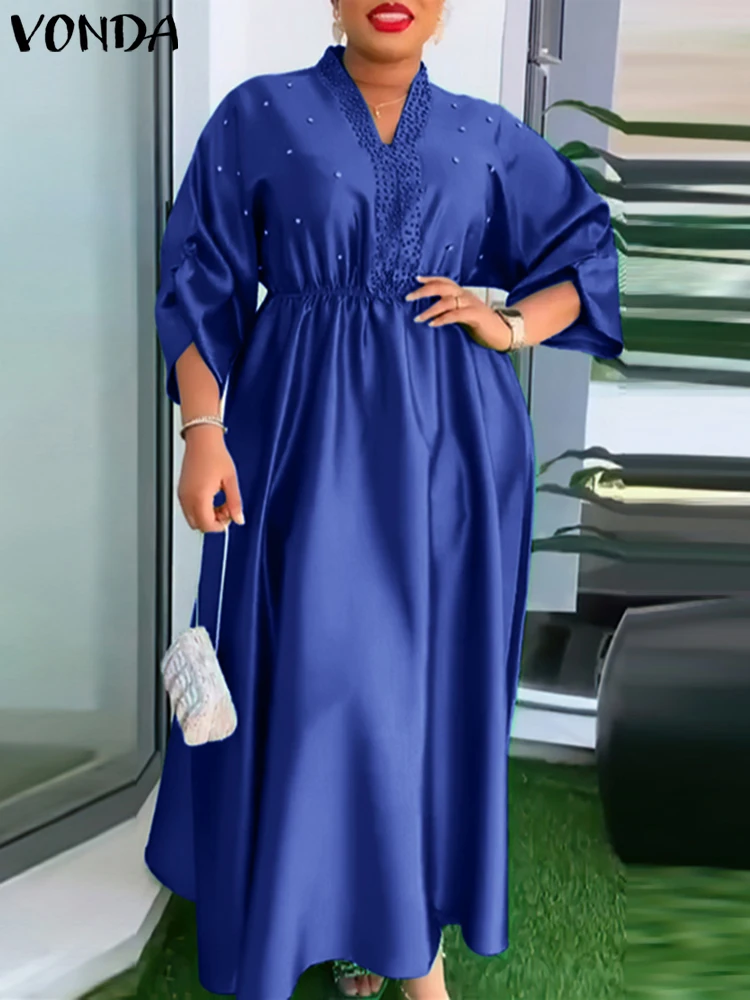 

VONDA Women Elegant Dress 2025 Vintage Three Quarter Sleeve Dress Bohemian Solid Color Sundress Sexy V-Neck Loose Robe Vestidos