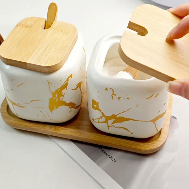 Wooden Lid, Frosted Ceramic Seasoning Box, Sugar Bowl, Salt and Pepper Shakers, Household Seasoning Jar Set, Kitchen Tools