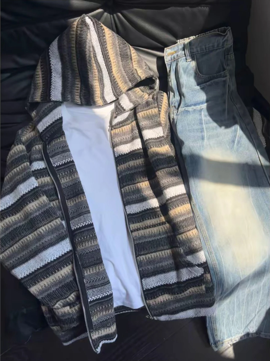 

Мужской осенний вязаный кардиган Laid-ba в полоску, ретро-стиль, шерстяной, на молнии, с капюшоном, свободный крой, полиэстер