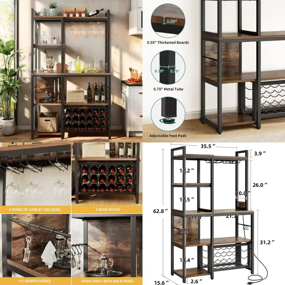 

Large 5-Tier Bakers Rack with Power Outlets, Wine Storage, and Glass Holder for Kitchen Use