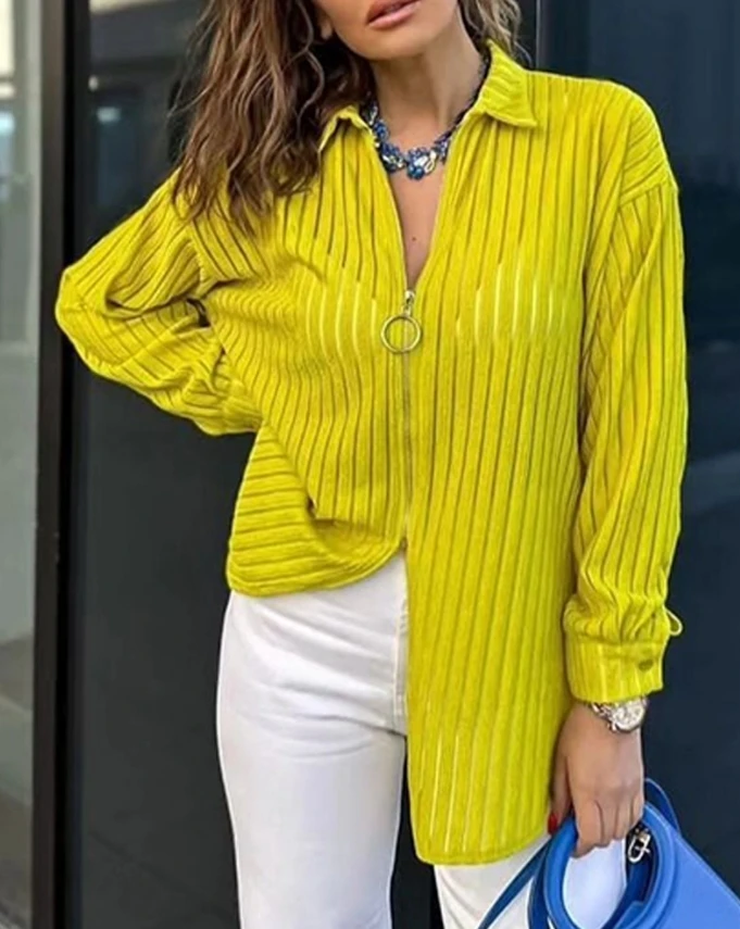 

Zipper Design with Lapel Stripes Solid Color Casual Shirt Summer Thin and Loose Fitting Versatile Fashion Commuting LongSleeved