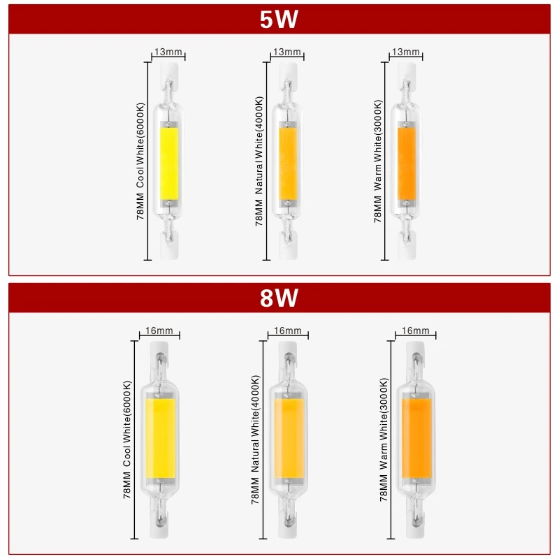 لمبة LED R7S 78 مللي متر 5 واط 10 واط R7S كشاف 118 مللي متر 10 واط 20 واط 220 فولت مصباح COB قابل للتعتيم أنبوب زجاجي يستبدل 30 واط 50 واط 100 واط مصباح هالوجين