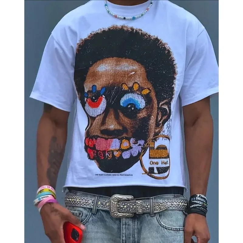 American Gothic Trend Big Head Print Oversized T-shirt Men's Y2K Street Hip-hop Harajuku Casual Fashion Short-sleeved Top