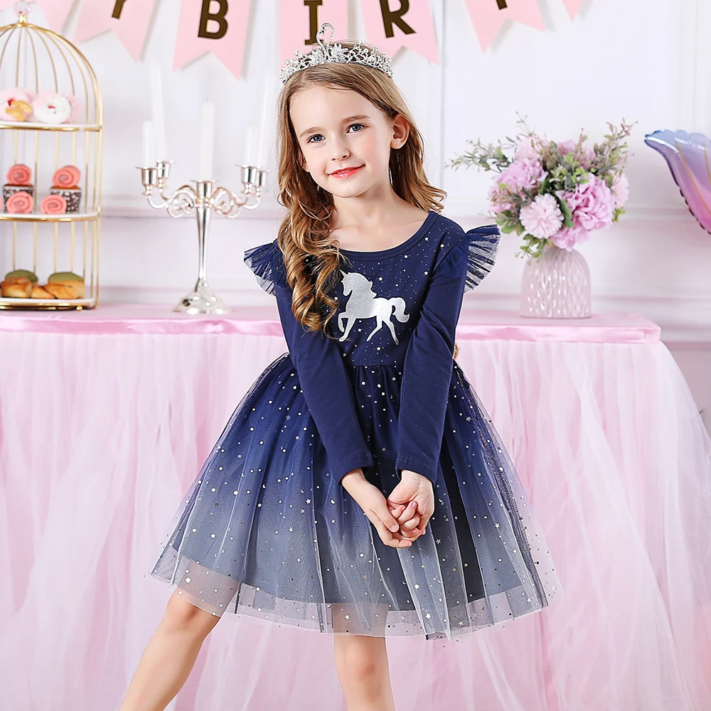 VIKITA Unicorn Kids Dresses For Girls Flying Sleeve Cotton Princess Girls Dress Winter Children Birthday Party Girls Clothing