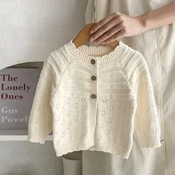 2024 New Spring Korean Style Toddler Baby Girls Sweater Coat Long Sleeved Solid Color Hollow Out Infant Baby Knitting Cardigan