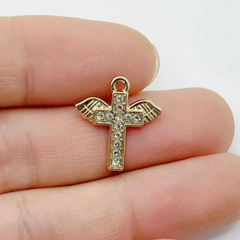 10pcs Diamond studded Gold Cross Alloy Pendant Love Wings Water Diamond Cross Pendant DIY Bracelet Necklace Jewelry view 4