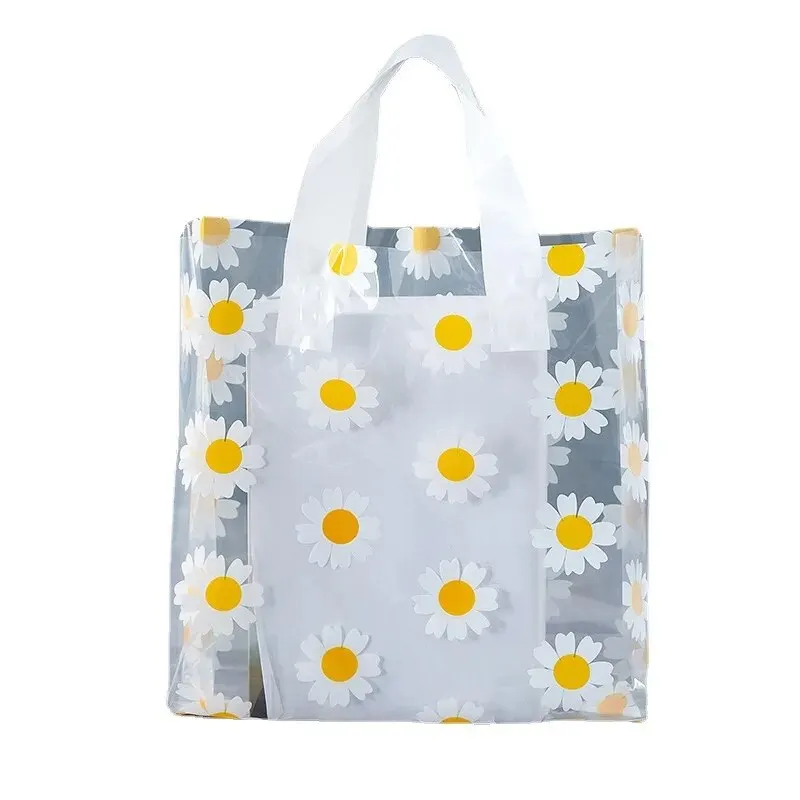 1pc Vertical Folded Edge Handbag, Plastic Bag, Small Daisy Gift Bag, Cosmetics Bag, Clothing Packaging Bag, 50 Pieces