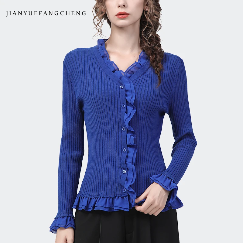 2022 autunno inverno donna maglione lavorato a maglia Sexy Skinny manica lunga con scollo a v blu Stretching Cardigan monopetto top