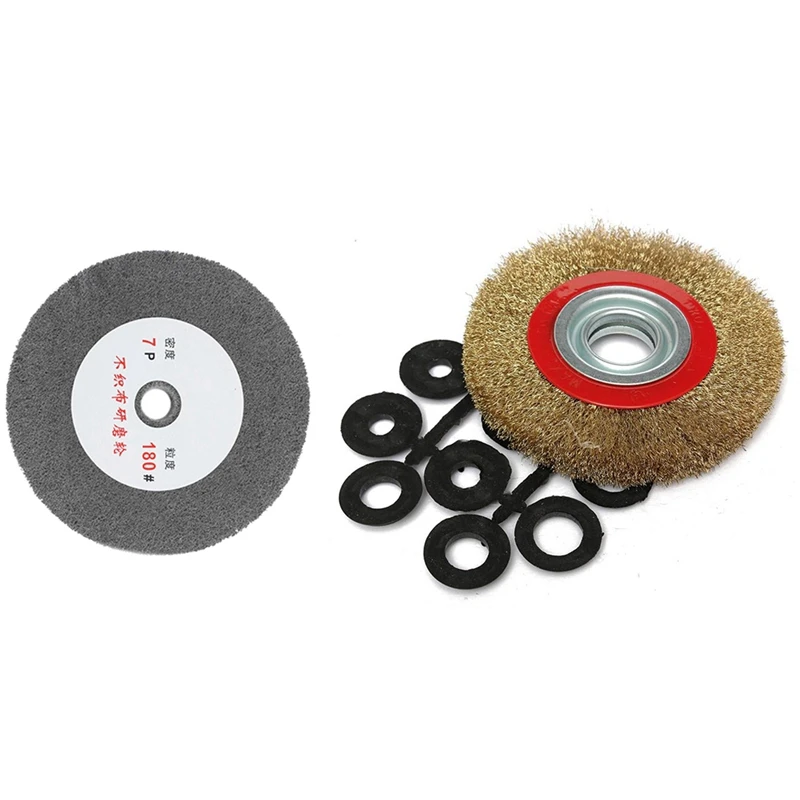 1 Pcs 180 Grit Fiber Wheel Polishing Buffing Disc & 1 Set 8 Inch 200Mm Steel Flat Wire Wheel Brush With Adaptor Rings