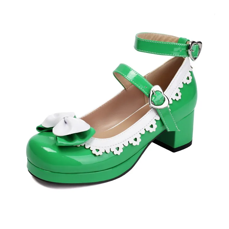 Sweet Bow Carved Lace Pumps Double Strap Square Toe Chunky High Heel Shoes for Women Spring Autumn 34-48 Plus Size Footwear