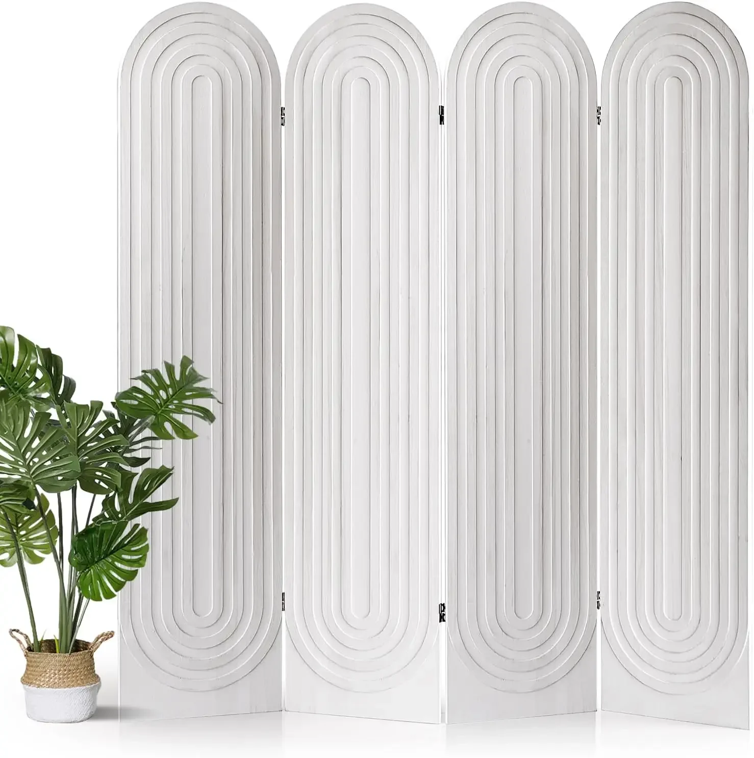 Biombo plegable de madera blanca con arco, portátil, de 4 paneles, para separar ambientes en el hogar, la oficina o el dormitorio.