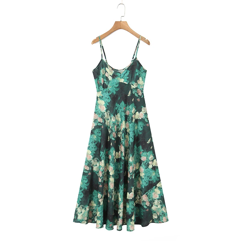 เดรสลายดอกไม้สีเขียวแบบสายเดี่ยวเซ็กซี่สำหรับฤดูร้อน ผู้หญิง สง่างาม ทรงเอไลน์ ความยาวปานกลาง คอวี สไตล์ลำลอง เซ็กซี่ เหมาะสำหรับวันพักผ่อน รุ่น 2026