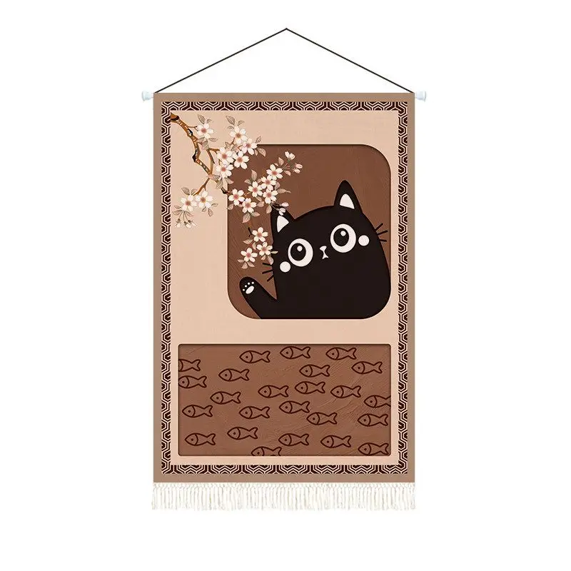 VIKAMA Cute Black Cat Tapestry Vintage Cherry Blossom Pet Art Wall Hanging Bedroom Dorm Home Decor