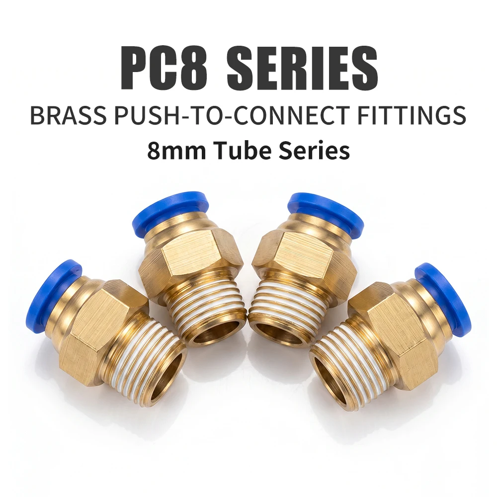

50/100 PCS Quick Connect Pneumatic Fittings, PC8 Brass Air Hose Adapter, Push-to-Connect, 8mm Tube, 1/8" 1/4" 3/8" 1/2" Thread