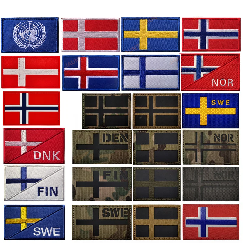 IR Sweden Norway Denmark Iceland Finland Switzerland National Flag Embroidered Patches Badges Europe Flag Striped Clothes