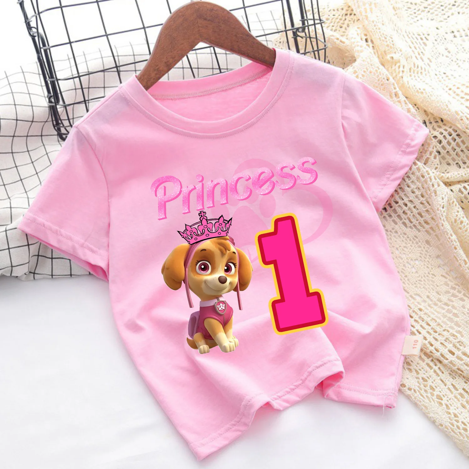 Paw Patrol Skye T-shirt Children Birthday Number Tee Top Girls Pink Clothes Cartoon Anime Short Sleeve Kids Loose Clothing Gift