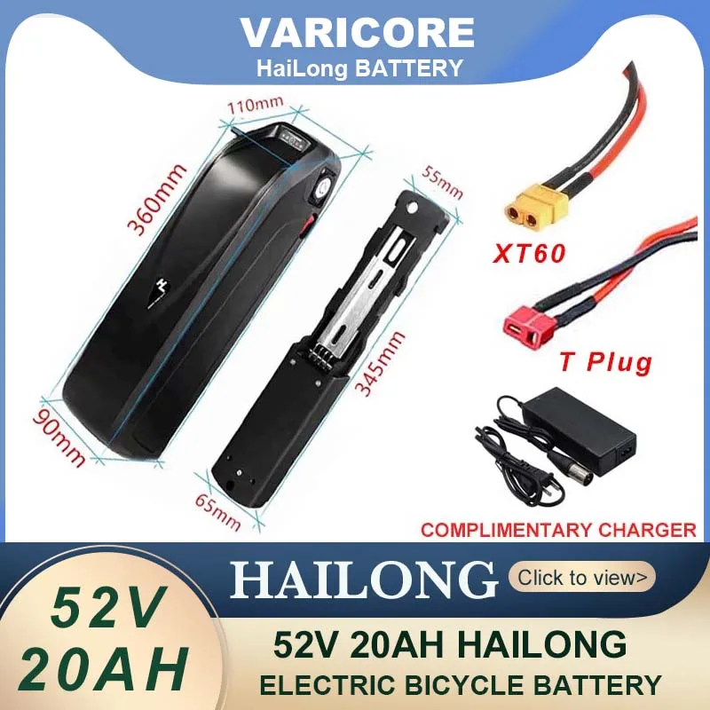 Hailong-Batterie de vélo électrique d'origine, 52V, 20Ah, 30A BMS, 350W, 500W, 750W, 1000W, 58.8V, cellule 18650, chargeur cadeau
