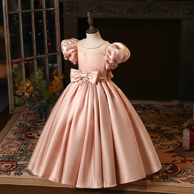 ピンクのシャーリングショートランタンパフスリーブプリンセスフラワーガールドレス、結婚式用、ボウパール付きOネック、ファーストコミュニオンドレス