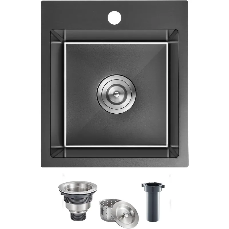 15 x 17 Inch Undermount Kitchen Sink, 18-Gauge Stainless Steel Single Bowl Single Faucet (Black)