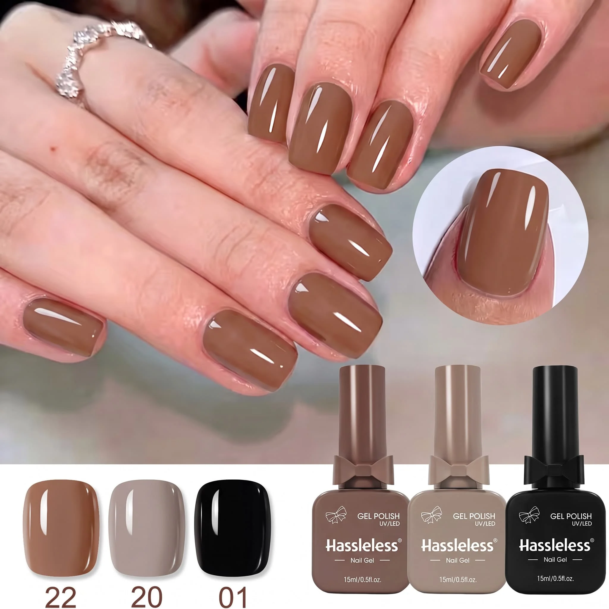 Hassleless 3-Piece Coffee-Colored Nail Polish Gel Set, Mirror-Like High-Gloss Solid Color Nail Polish Gel, Long-Lasting and Removable, Home Salon DIY Nail Art Set