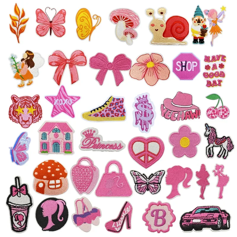 Embroidered Ironing Patch Mushroom Doll Fairy Love Animal Pink Series Bow Girl Badge Bow House Car Iron on Patches for Clothes