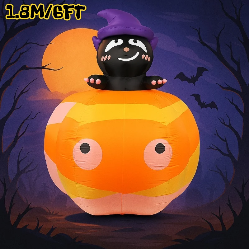 

1.8M/6FT Halloween Inflatable Toys Black Cat Sit on Pumpkin Decoration Outdoor Garden Homes Decor Glowing Toy Inflated Model